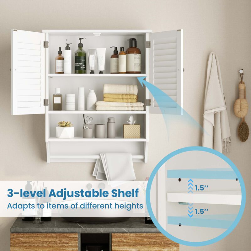 Costway Bathroom Wall Mounted Medicine Cabinet with Louvered Doors & Towel Bar White
