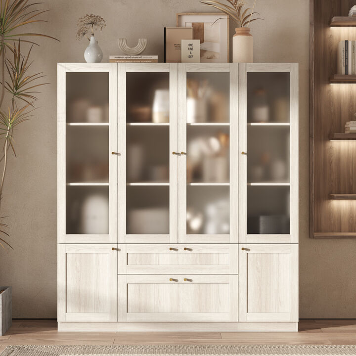 FUFU&GAGA Modern Wood Grain Food Pantry Cabinet with Adjustable Shelves and Lockable Drawers (63" W x 70.9" H x 15.7" D), Elegant Glass Doors and Brass Pull Handles