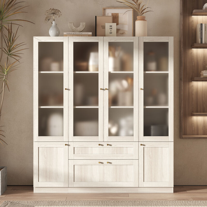 FUFU&GAGA Modern Wood Grain Food Pantry Cabinet with Adjustable Shelves and Lockable Drawers (63" W x 70.9" H x 15.7" D), Elegant Glass Doors and Brass Pull Handles