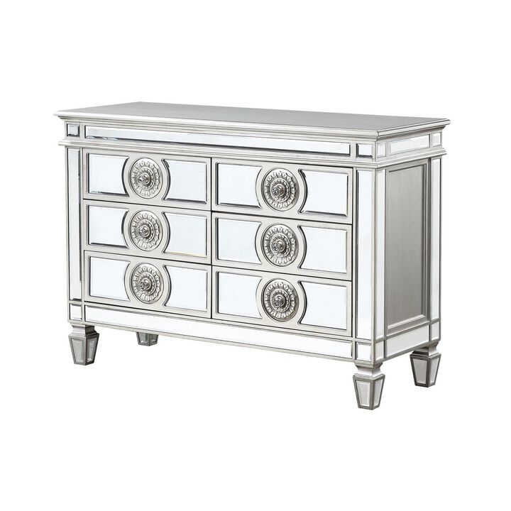 Server with 6 Mirrored Drawers and Medallion Front, Silver-Benzara