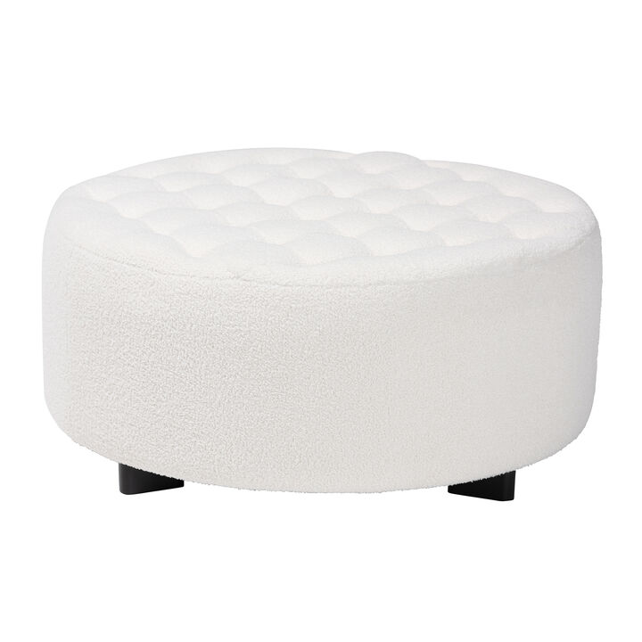 Baxton Studio Athena Modern and Ivory Boucle Upholstered and Black Finished Round Ottoman