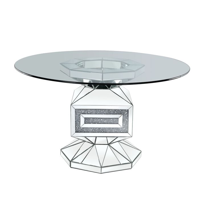 Dining Table with Glass Top and Mirrored Pedestal Base, Silver - Benzara