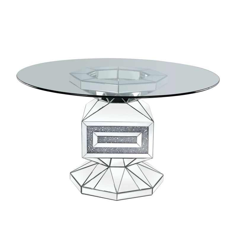 Dining Table with Glass Top and Mirrored Pedestal Base, Silver - Benzara