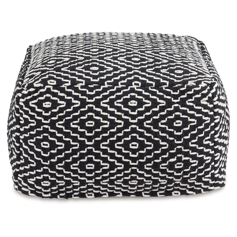 Sena 22 Inch Ottoman Pouf, Handwoven Pattern, Cotton Cover, Black White -