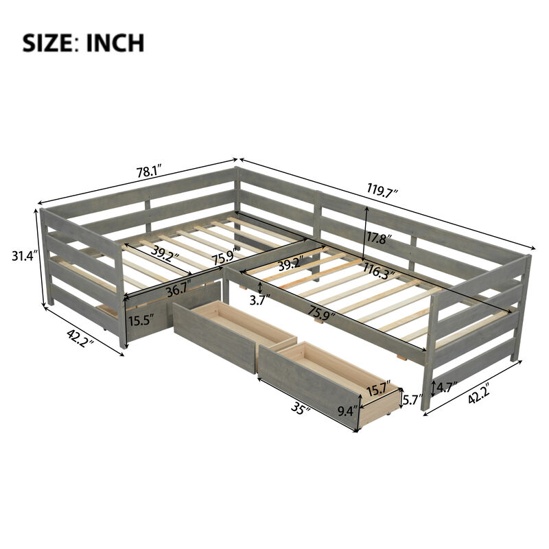 Merax L-shaped Platform Bed with 3 Storage Drawers