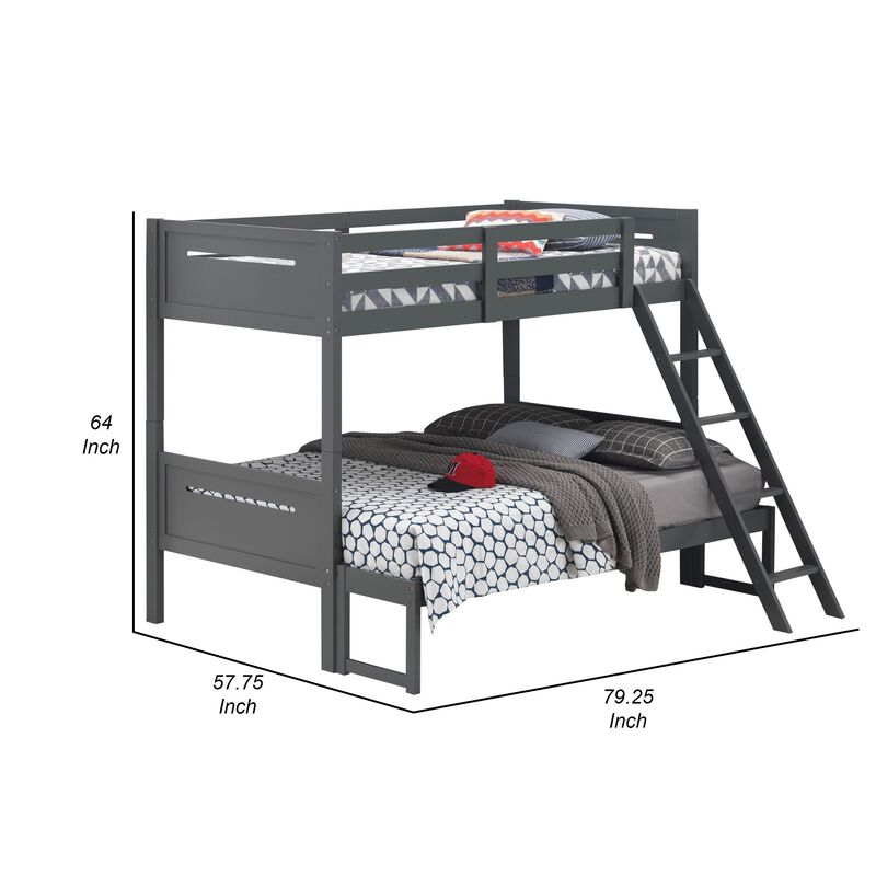 Amey Twin over Full Bunk Bed, Guard Rails, Attached Ladder, Gray Wood - Benzara