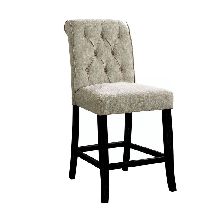 Wooden Fabric Upholstered Counter Height Chair, Ivory And Black, Pack Of Two-Benzara