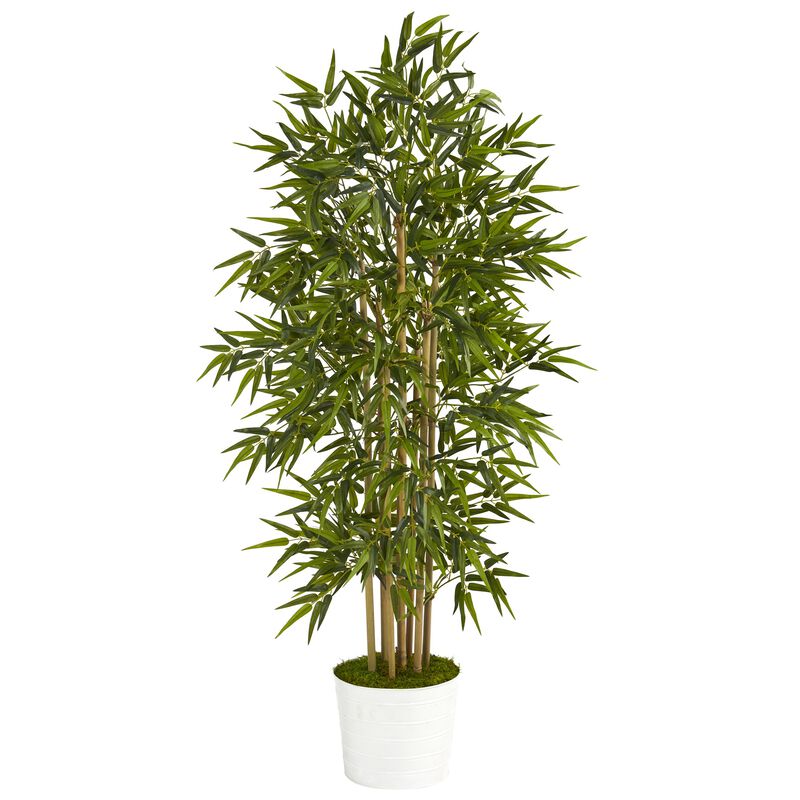 Hivvago 64 Inches Bamboo Artificial Tree in White Tin Planter