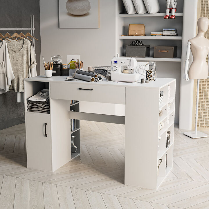 Counter Height Sewing Craft Table and Computer Desk with Adjustable Shelves and Drawer