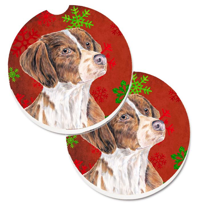 Caroline's Treasures Brittany Red & green Snowflakes Holiday Christmas Set of 2 Cup Holder Car Coasters SC9429CARC, 2.56, Multicolor