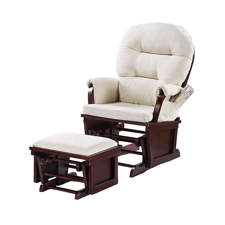 Noni Glider Manual Recliner Chair with Ottoman, Dark Brown, Beige - Benzara