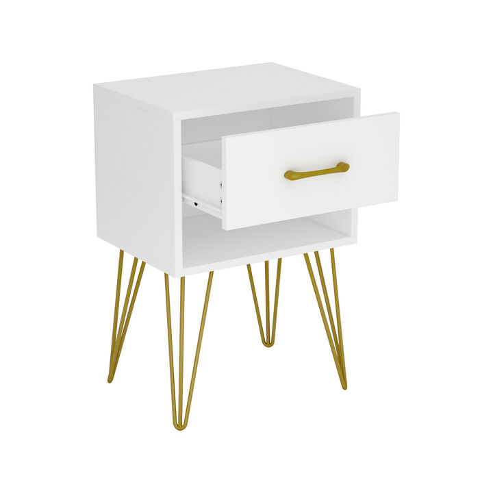 1-Drawer White Nightstands with Metal Legs and Open Shelf Side Table Bed Side Table 23.6 in. H x 15.7 in. W x 11.8 in. D