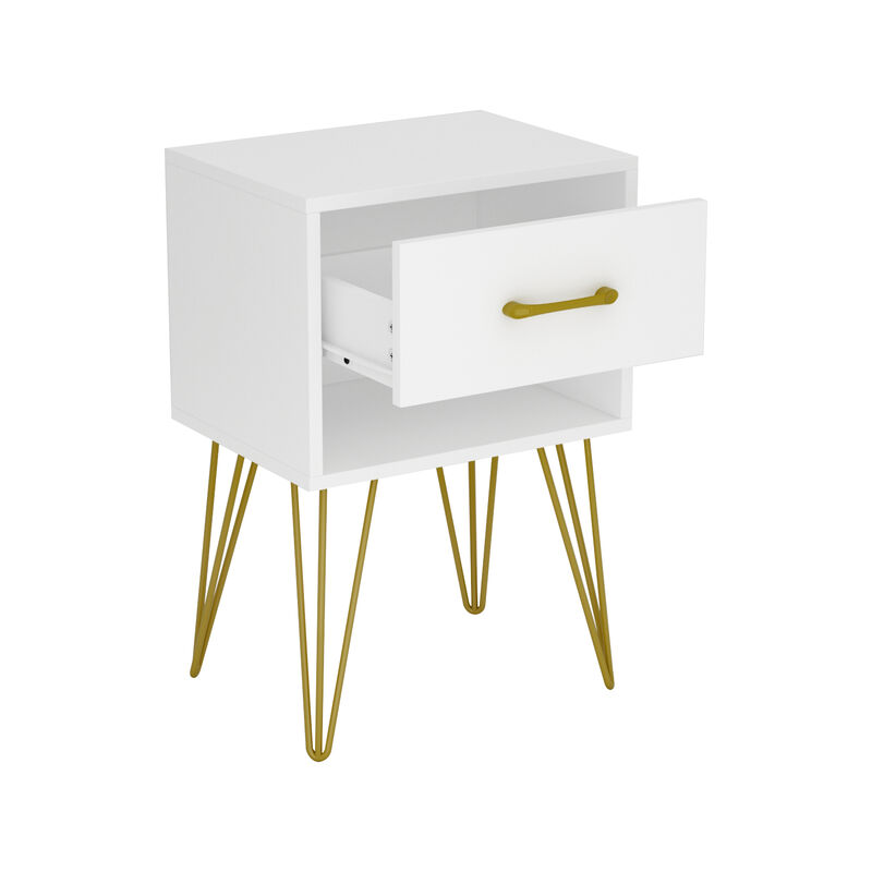 1-Drawer White Nightstands with Metal Legs and Open Shelf Side Table Bed Side Table 23.6 in. H x 15.7 in. W x 11.8 in. D