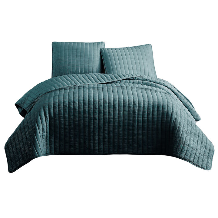 3 Piece Crinkle King Coverlet Set with Vertical Stitching, Turquoise Blue-Benzara