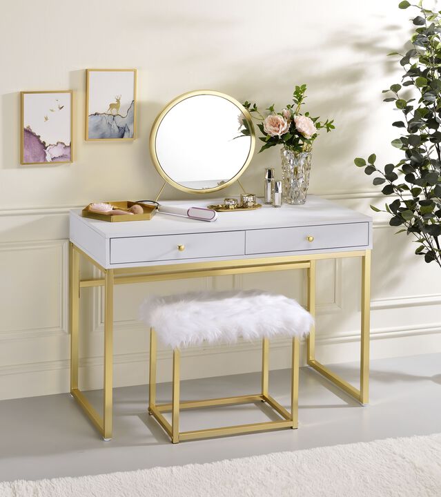 ACME Adao Vanity Mirror & Stool, Faux Fur, Mirror, White & Brass Finish