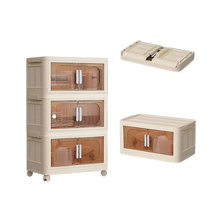 3-Tier Folding Storage Cabinet, Plastic Storage Bins with Magnetic Doors & Wheels for Closet and Home Organization