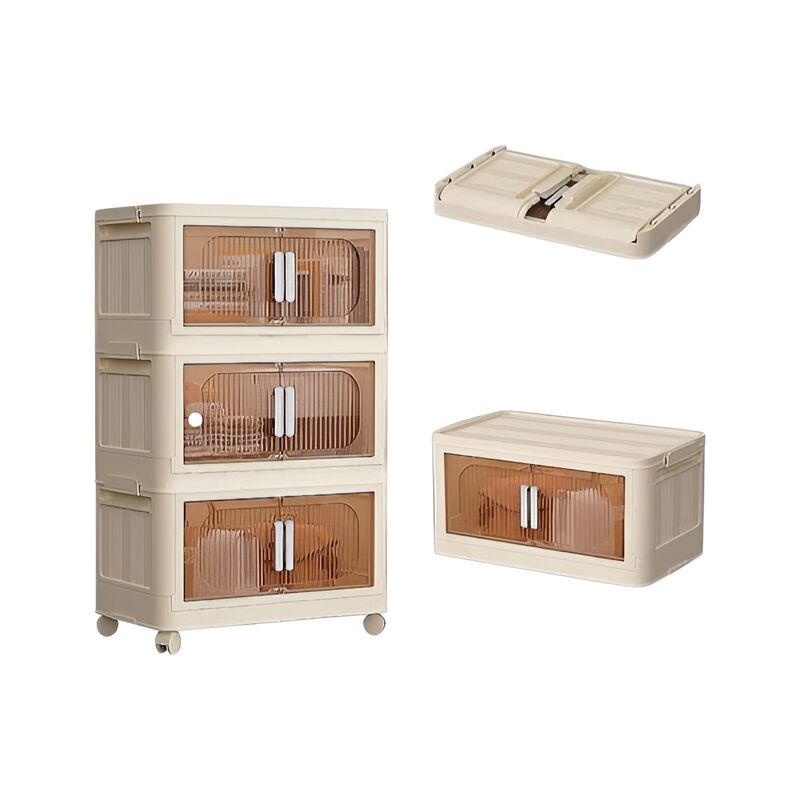 3-Tier Folding Storage Cabinet, Plastic Storage Bins with Magnetic Doors & Wheels for Closet and Home Organization