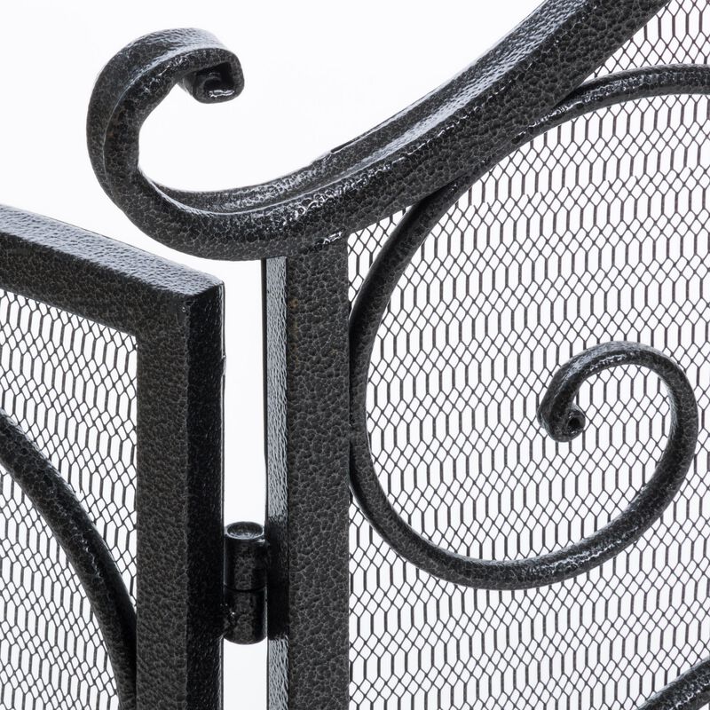 Fireplace Screen 57 Inch, 3 Panel Scrolled Mesh, Black Silver Iron - Benzara