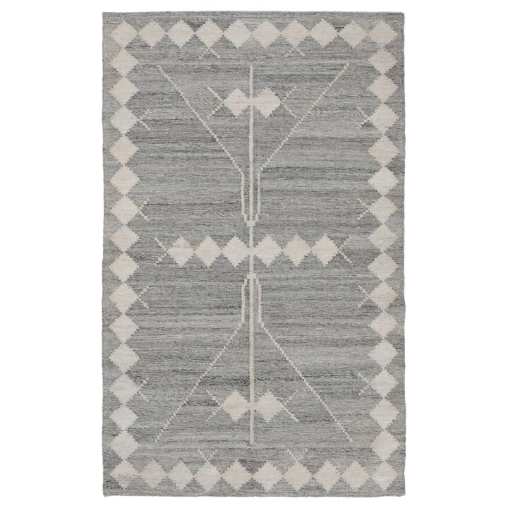 Rylie 5 x 8 Indoor Outdoor Area Rug, Handwoven Polyester, Gray Geometric - Benzara