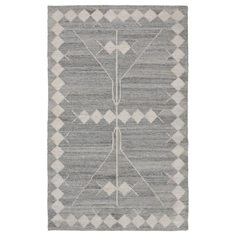 Rylie 5 x 8 Indoor Outdoor Area Rug, Handwoven Polyester, Gray Geometric - Benzara