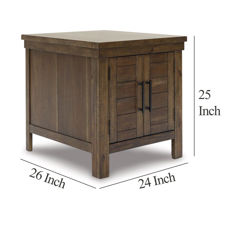 Chip Side End Table, Dual Door Cabinet, 26 Inch Rustic Brown Wood - Benzara