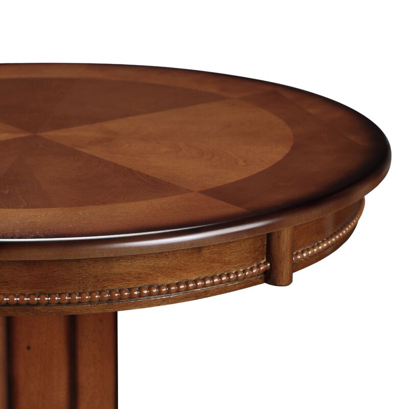 Ava 42 Inch Wood Pub Bar Table, Sunburst Design, Carved Pedestal, Brown-Benzara