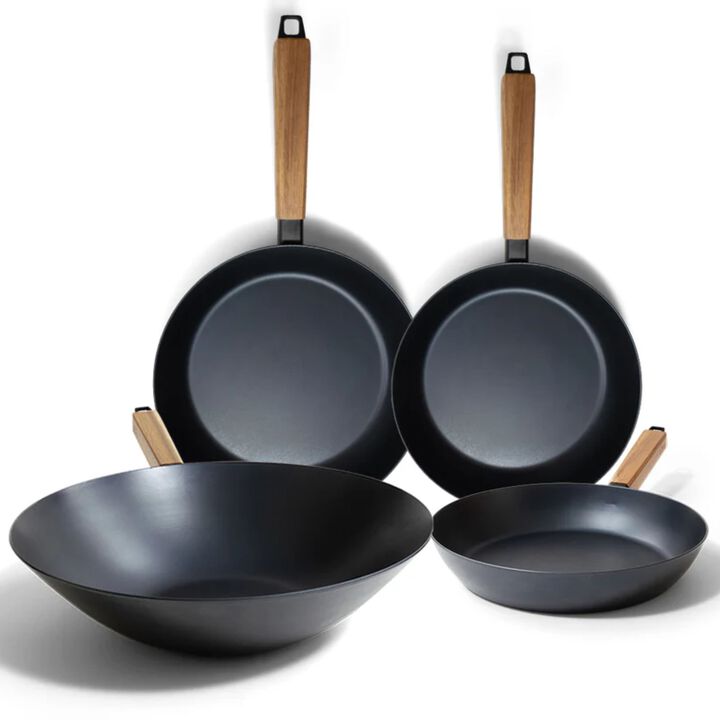 Alva Forest 4-Piece Professional Carbon Steel Cookware Set - Pre-Seasoned Non-Toxic Frying Pans & Wok - Chemical-Free, Traditional Cooking Surface - All Stovetop Compatible & Fast-Heating