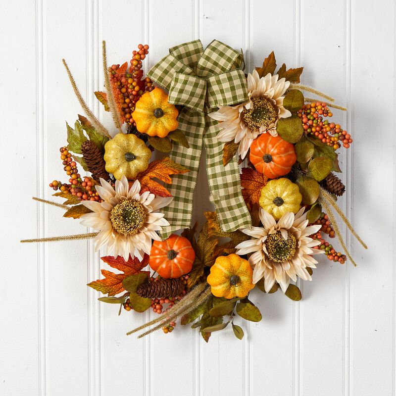 Hivvago 24" Fall Pumpkin, Sunflower Artificial Autumn Wreath with Decorative Ribbon