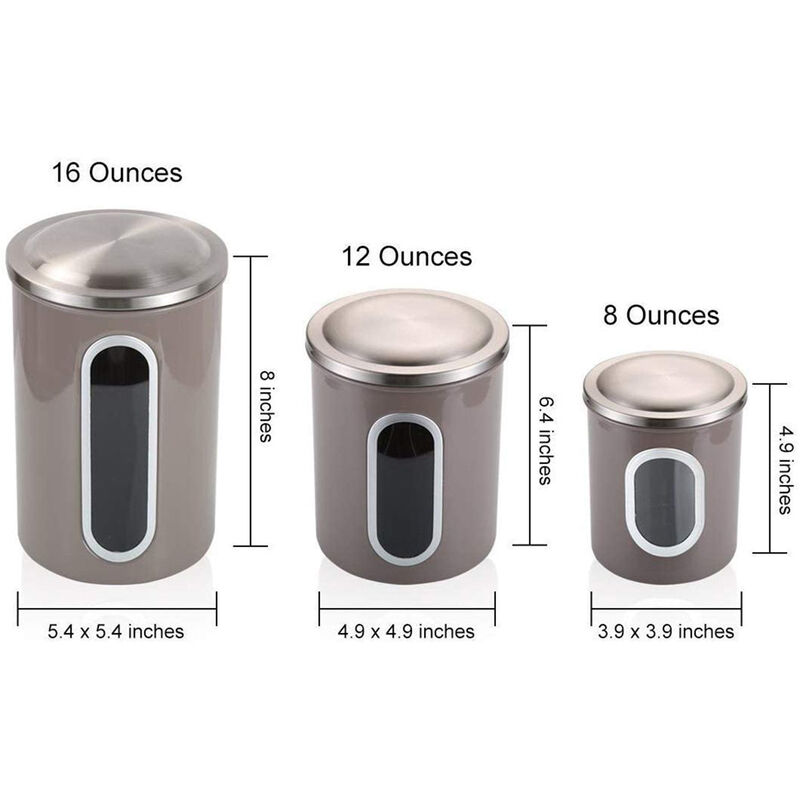 3-Piece Stainless Steel Sealed Canister Set for Kitchen Storage - See-Through Design for Easy Viewing (8oz, 12oz, 16oz, Brown)