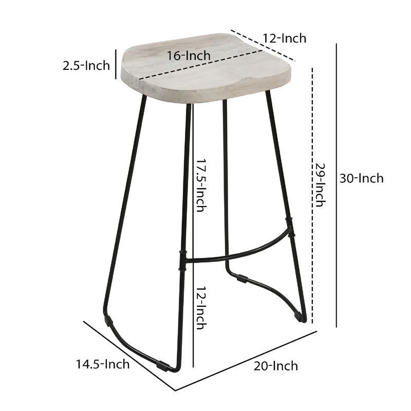 Tiva 30 Inch Handcrafted Backless Barstool, Whitewashed Mango Wood Saddle Seat, Black Metal Base-Benzara