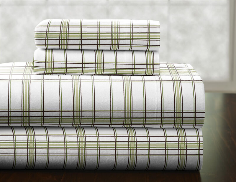 Pointehaven Heavy Weight 100% Cotton Sage Plaid Printed 170 GSM Flannel 4 pc Sheet Set, King