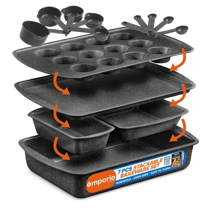 Stackable Baking Pan Set - Deluxe Nonstick White Marble Coating, Carbon Steel Bakeware Sets, PFOA, PFOS, PTFE Free, Recipe Booklet Included, Oven Safe (Up to 450°F), Set of 7