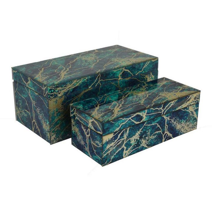 Dory Decorative Box Set of 2, Green Blue Faux Marble Accent Glass - Benzara
