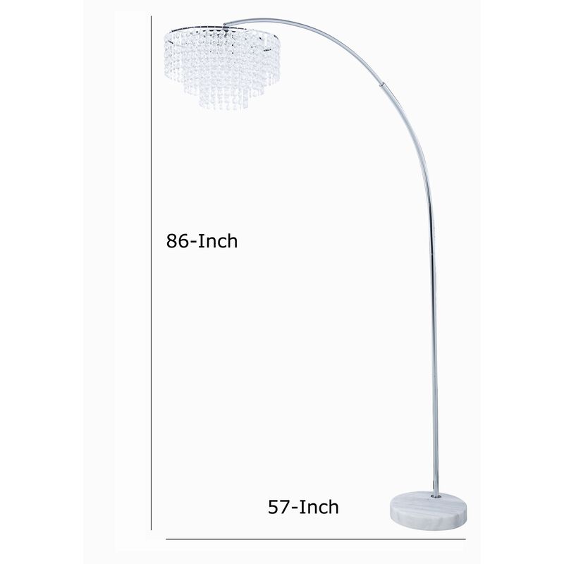 Crystal Accented Tiered Metal Floor Lamp with Marble Base, Silver and White-Benzara