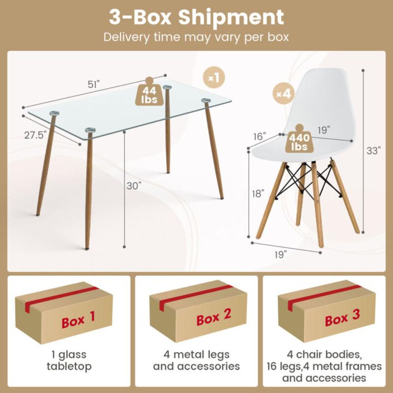 Hivvago 5 Pieces Rectangle Dining Table Set with 51 Inch Glass Tabletop