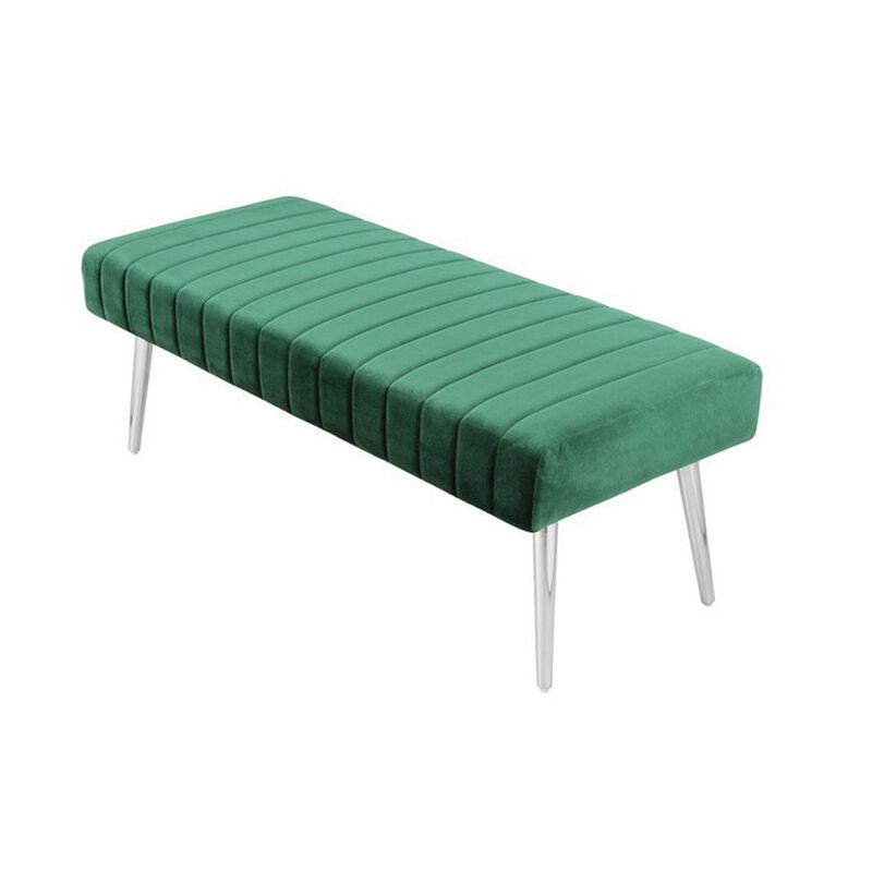 Lida 45 Inch Bench, Modern Tufted Lines, Green Soft Velvet, Chrome Metal - Benzara