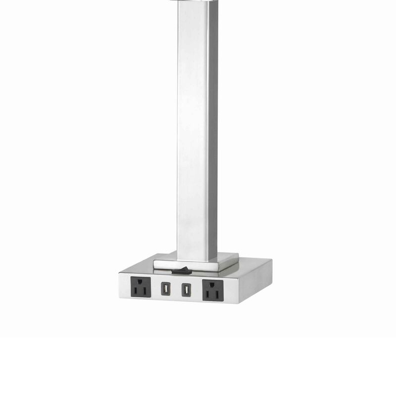 Trapezoid Shade Table Lamp with Metal Base and 2 USB Ports,White and Chrome-Benzara