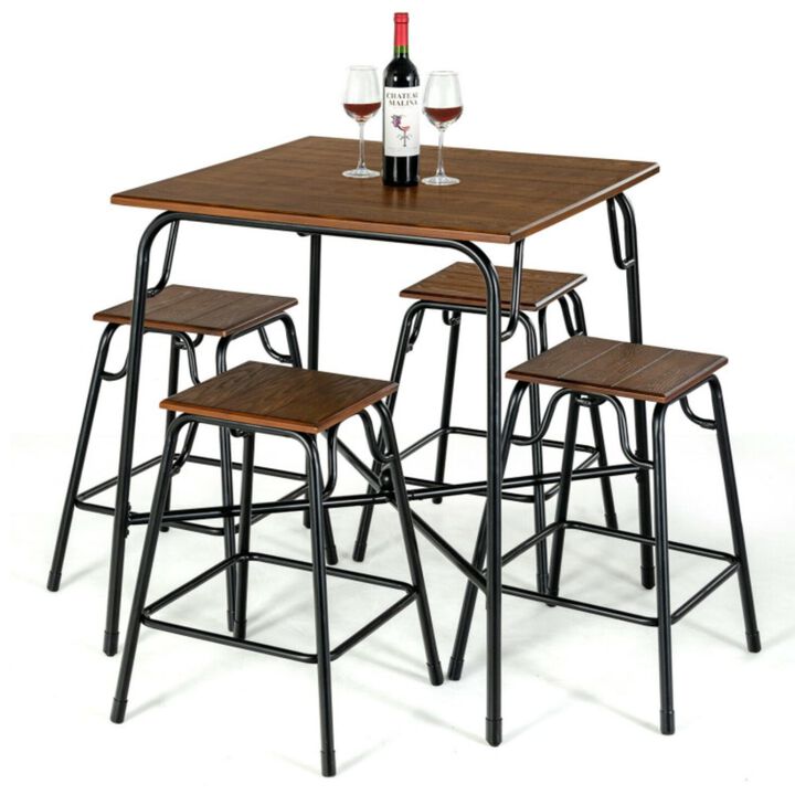Hivvago 5 Pieces Bar Table Set with 4 Counter Height Backless Stools-Rustic Brown