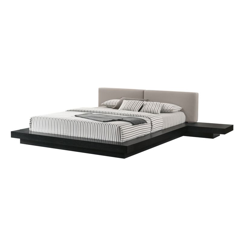Nia Queen Size Bed, Gray Faux Leather, Black Layered Low Profile Frame - Benzara
