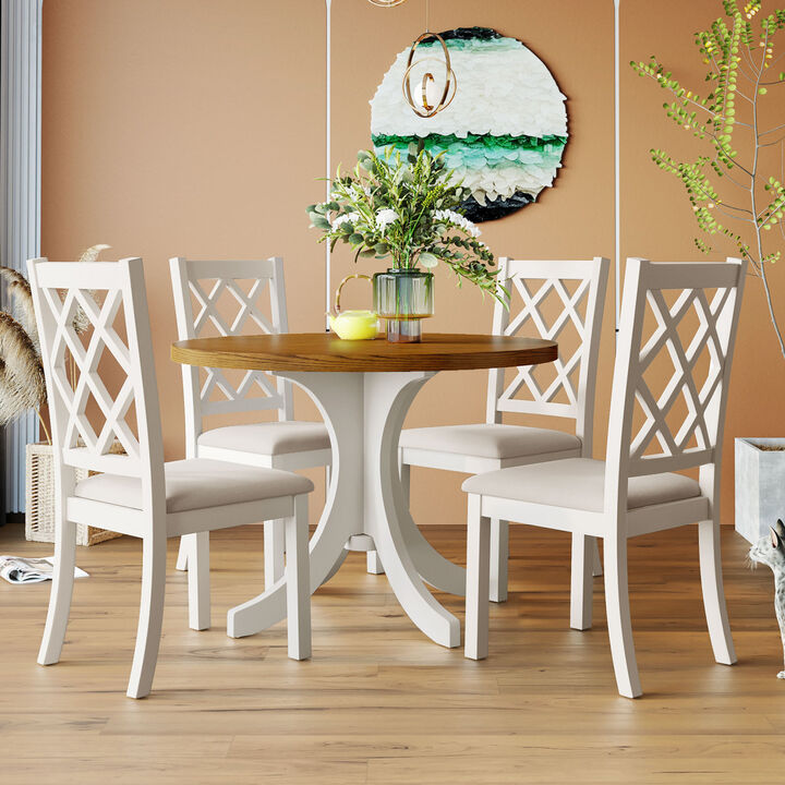 Mid-Century Solid Wood 5-Piece Round Dining Table Set, Kitchen Table Set with Upholstered Chairs