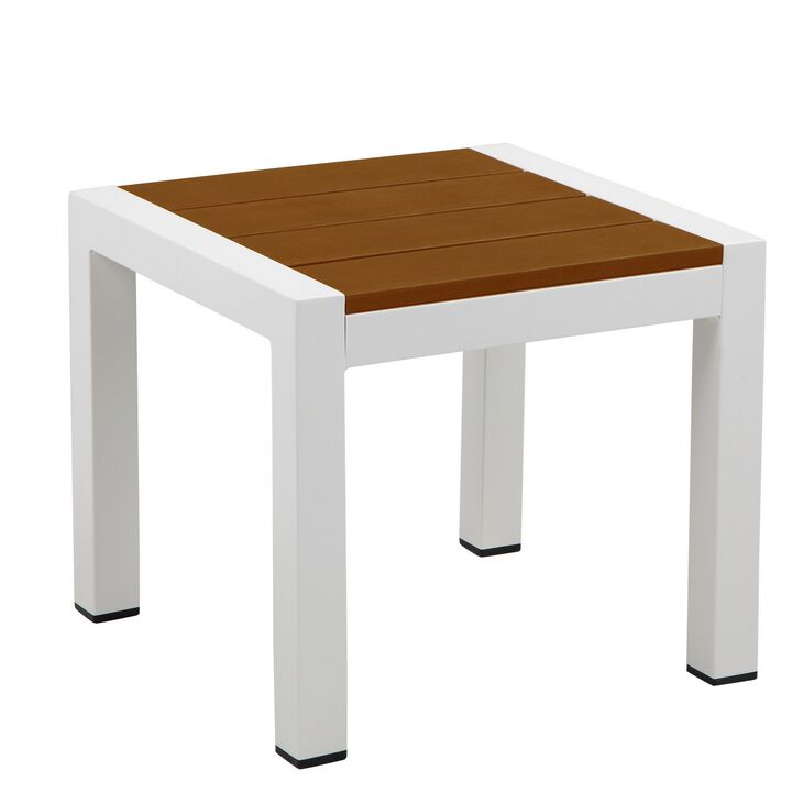 Josh 18 Inch Side End Table, Rich Brown Polyresin Planks, Aluminum Frame-Benzara
