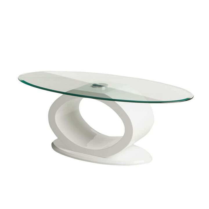 Contemporary Tempered Glass Top Coffee Table with O Shape Base, White-Benzara