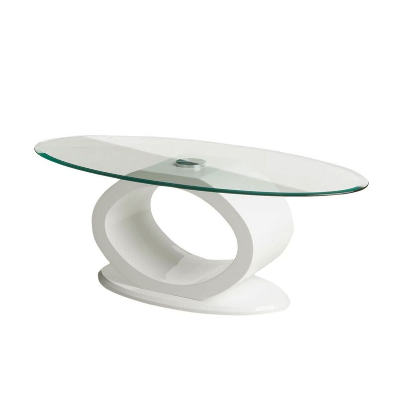 Contemporary Tempered Glass Top Coffee Table with O Shape Base, White-Benzara
