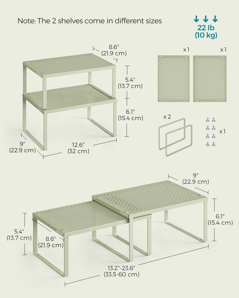 Set of 2 Stackable and Expandable Metal Cabinet Shelf Organizers for Kitchen Counter