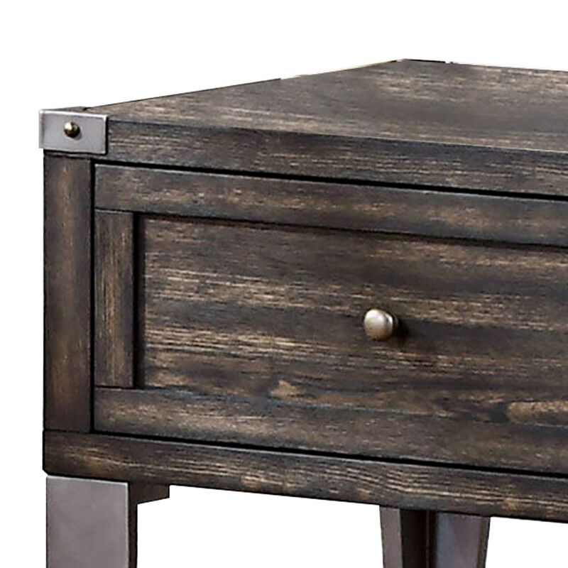 1 Drawer Wooden End Table with Metal Angled Legs, Brown-Benzara