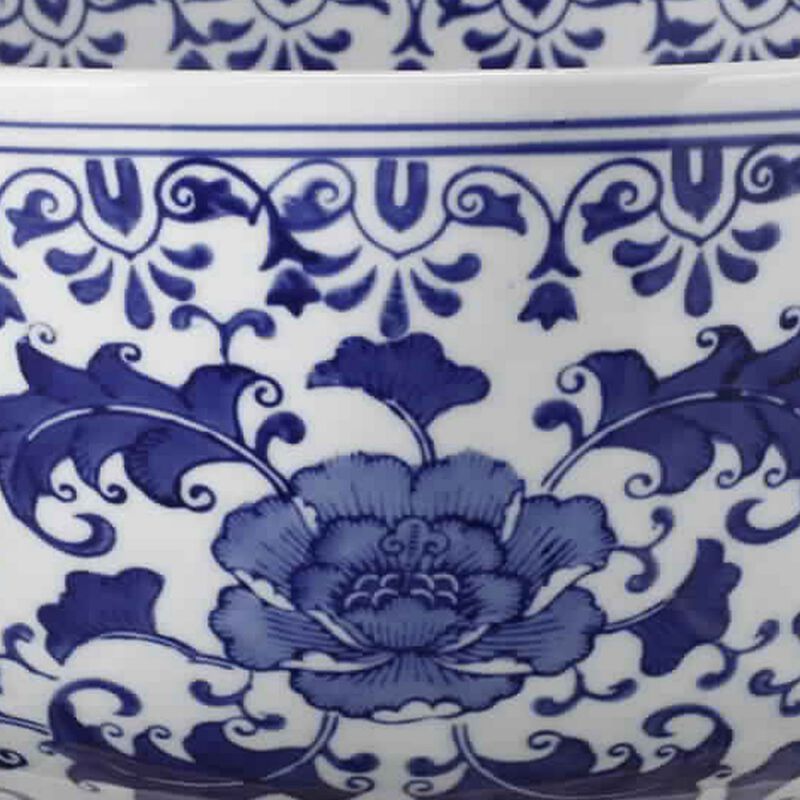 Round Ceramic Bowl with Floral Print, Set of 2, Blue And White, - Benzara