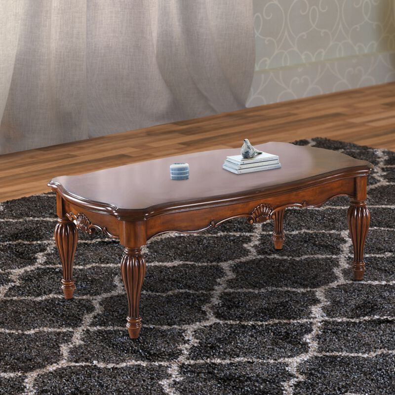 Vintage Rectangular Wooden Coffee Table with Fluted Legs, Cherry Brown-Benzara