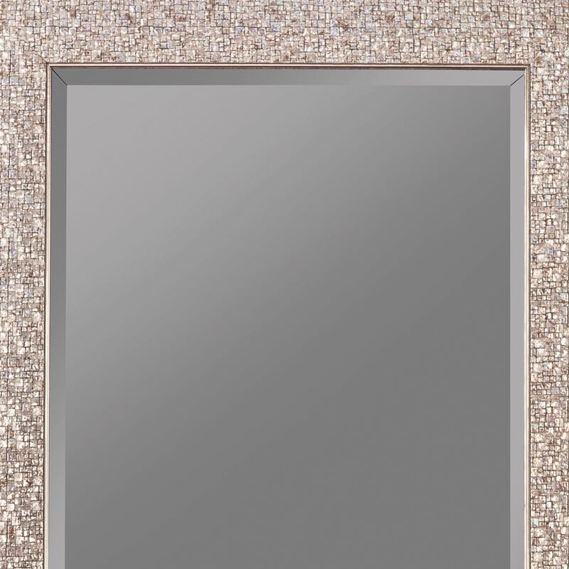 Rectangular Beveled Accent Floor Mirror with Glitter Mosaic Pattern, Silver-Benzara