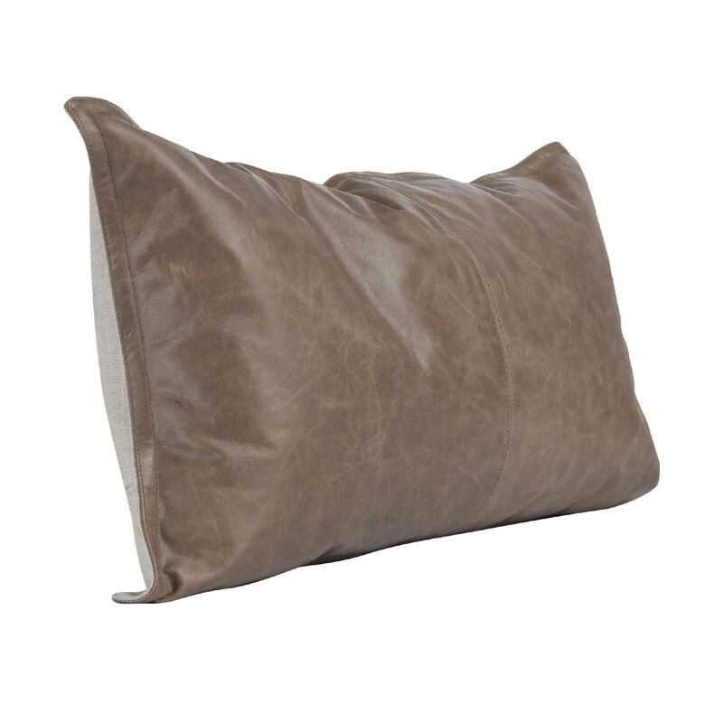 Norm 26 Inch Leather Decorative Lumbar Throw Pillow, Stitched, Taupe Brown-Benzara