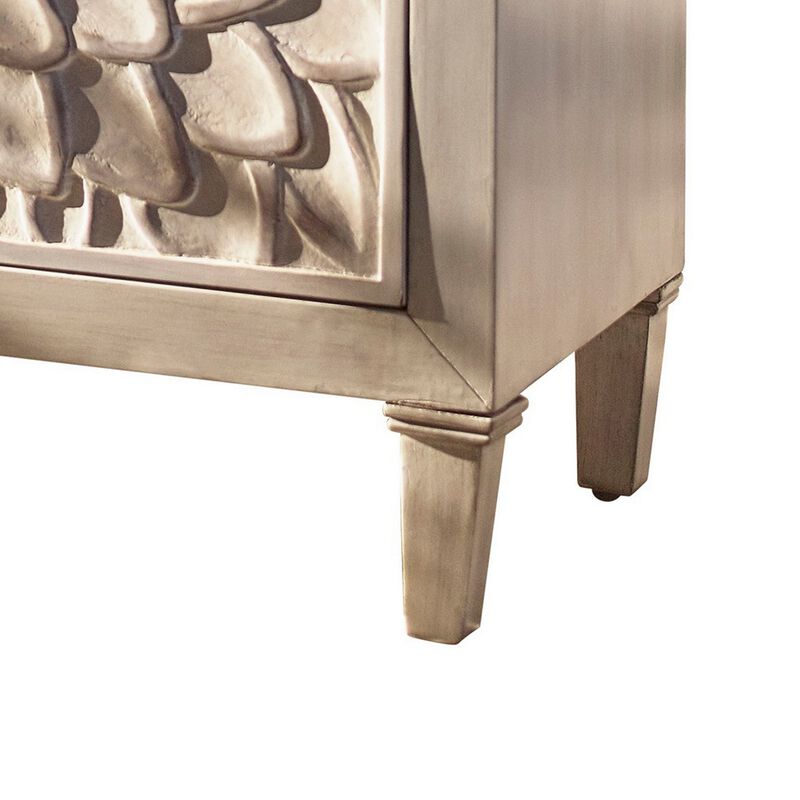 2 Door Wooden Accent Cabinet with Floral Carving, Distressed Whitewash-Benzara